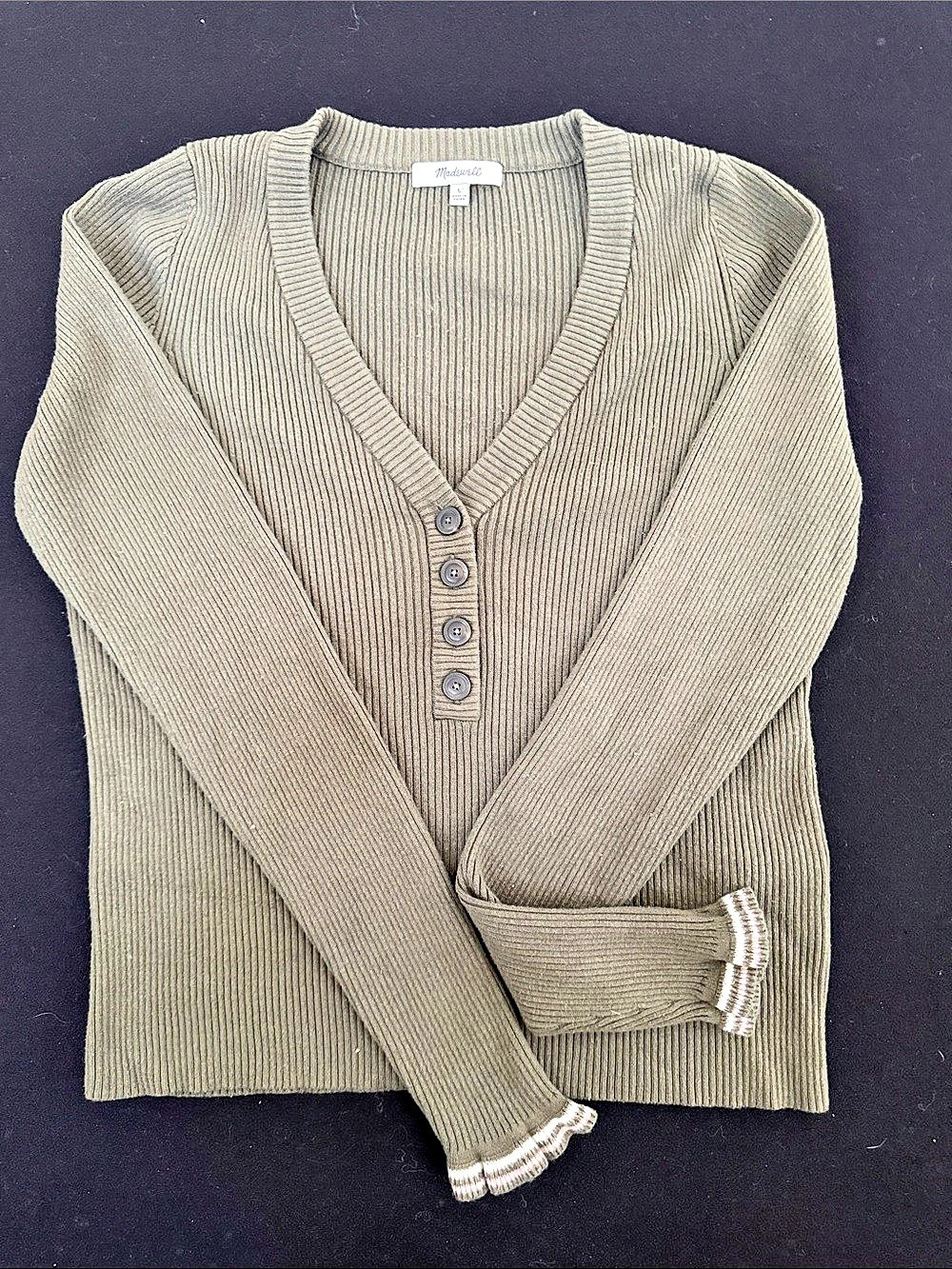 Madewell Ruffle-Cuff Henley Sweater V-Neck Sweater Green Large